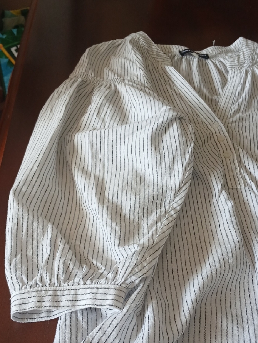 Karl Lagerfeld White Pinstriped V-Neck Peasant Blouse - Picture 7 of 8